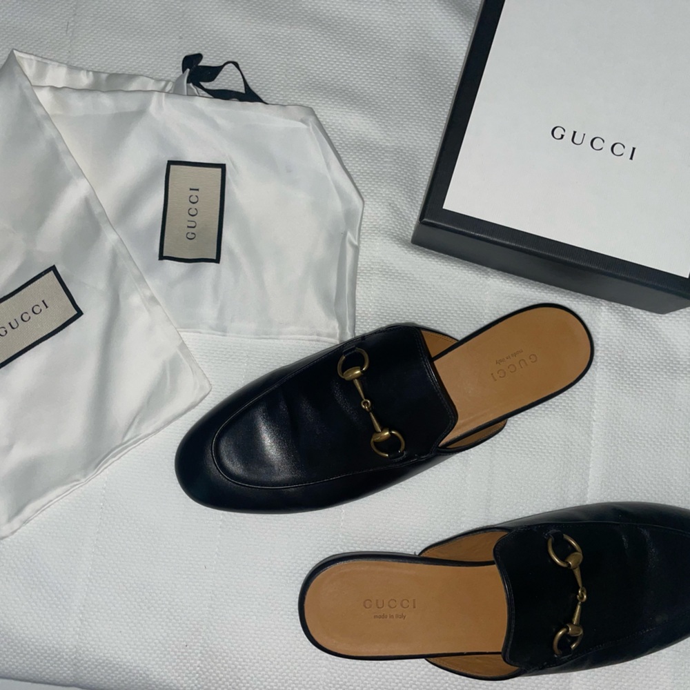 Gucci Black Leather Mules with Gold Hardware